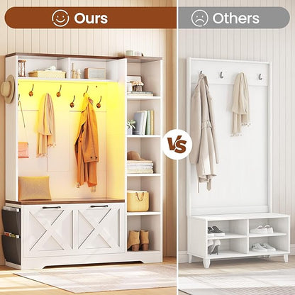Itaar Hall Tree with Bench and Shoe Storage, Farmhouse Entryway Bench with Coat Rack, Shoe Cabinet with Flip Drawers, 7 Shelves, 10 Coat Hooks, Storage Bag, Led Lights, White