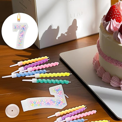 Number Birthday Candle with 12PCS Spiral Candles and A Birthday Card - Perfect for Celebrating Birthdays (Macaron Glitter, Number 7)