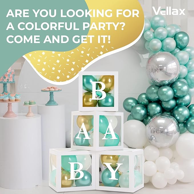 Baby Shower Boxes with Letters – White Boxes with Green, Gold & White Balloons – 44-Piece Gender Reveal & Party Decoration Set by Vellax