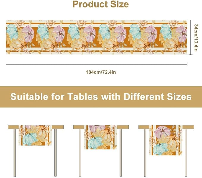Watercolor Pumpkin Table Runner Rustic Farmhouse Autumn Plants Colorful Leaves Pastoral Harvest Theme Home Decor for Farmhouse Indoor Outdoor Party Holiday Dining Kitchen Restaurant Cafe W13xL90in