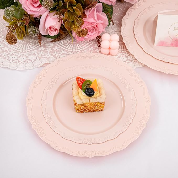 U-QE 100PCS Mauve Pink Plastic Plates - Plastic Party Plates Disposable Heavy Duty - Pink Disposable Plates for Party Including 50PCS 10'' Dinner & 50PCS 7.5'' Dessert