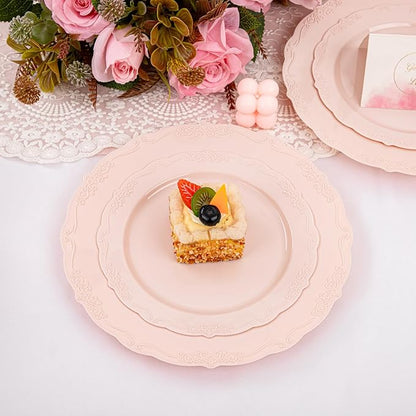 U-QE 100PCS Mauve Pink Plastic Plates - Plastic Party Plates Disposable Heavy Duty - Pink Disposable Plates for Party Including 50PCS 10'' Dinner & 50PCS 7.5'' Dessert