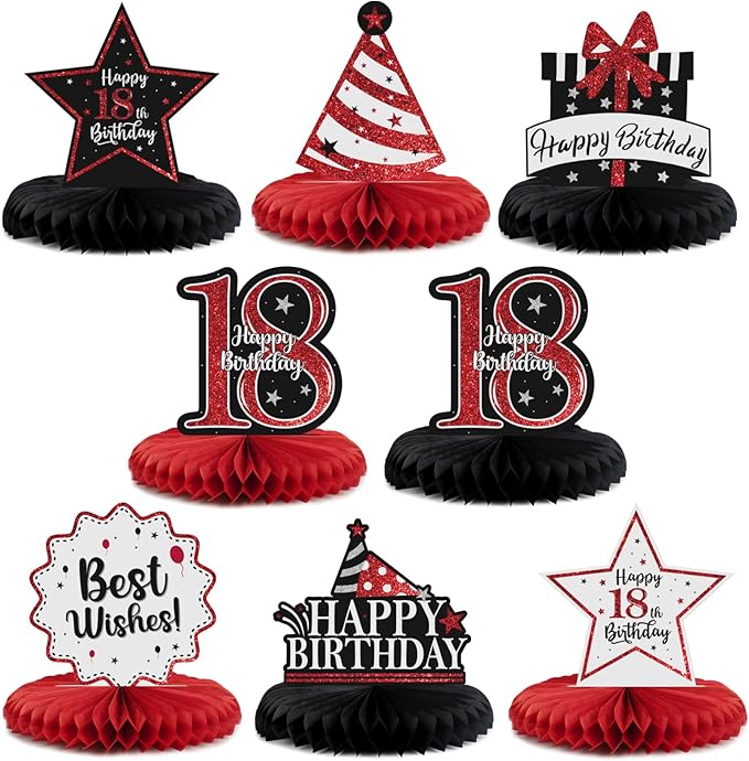 Happy 18th Birthday Decorations,18th Birthday Red Glitter Shiny Stand Honeycomb Table Centerpieces - Cheers to Eighteen Years Old Birthday Party Photoprop Gift Sign.