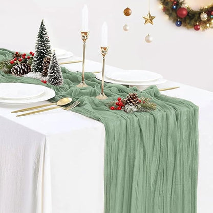 Sage Green Cheesecloth Table Runner 35x120in, 10ft Gauze Christmas Table Runner Boho Green Table Cloth for Wedding Bridal Baby Shower Fall Thanksgiving Holiday Home Decorations