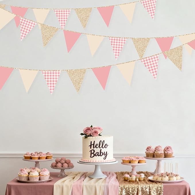 Dusty Rose Pink Buffalo Plaid Champagne Gold Party Decorations Pennant Banner Flag Hanging Glitter Paper Triangle Bunting for Women Girls Birthday Baby Shower Wedding Bridal Shower Hen Party Supplies