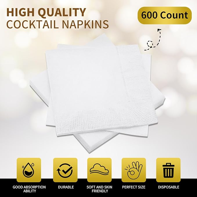 Cocktail Napkins - 600 Count 2-Ply White Napkins Disposable, 4.75 x 4.75 Inch Folded Paper Napkins Bulk Beverage Napkins for Dinner Wedding Bar Party and Everyday Use