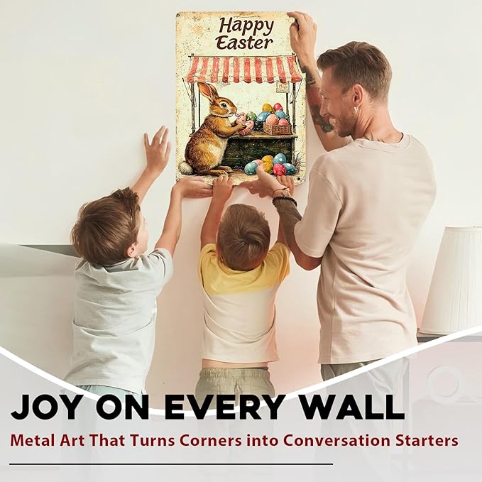 Metal Tin Sign Happy Easter Bunny Signs Vintage Wall Art Decor For Backyard Home Living Room Easter Garden Vintage Wall 12x16Inch