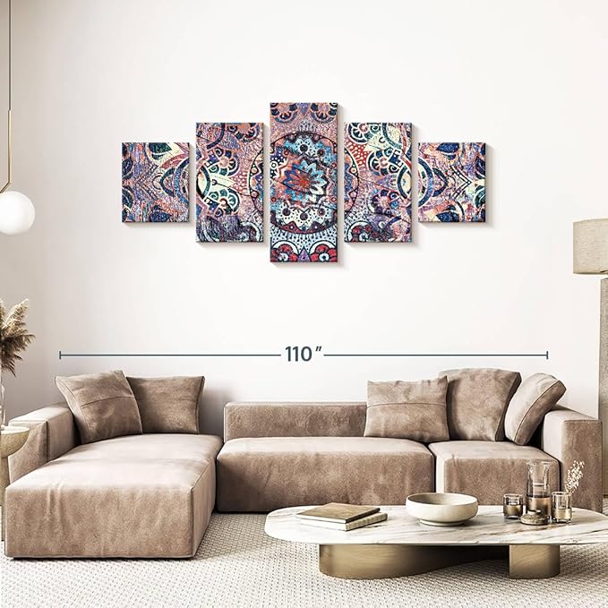 ElephantStock - Mandala Enchantment Wall Art - Horizontal Multi Panel Canvas - 5 Piece Living Room Wall Decor - Digital Art Elements Multi Piece Wall Art - Blue And Beige Decor - 80" x 36"