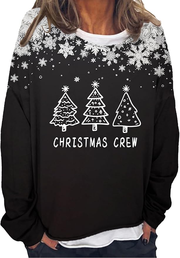 LOAIHA Christmas Shirts for Women Crewneck Snowman Snowflake Santa Graphic Shirts Christmas Tree Long Sleeve Xmas Hoodie