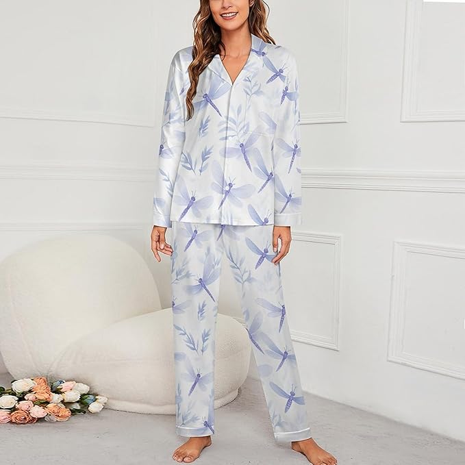Lemons Leaves Ceramic Style Womens Pajama Set Long Sleeve Pajamas Top And Pants Soft Loungewear Pjs Sets