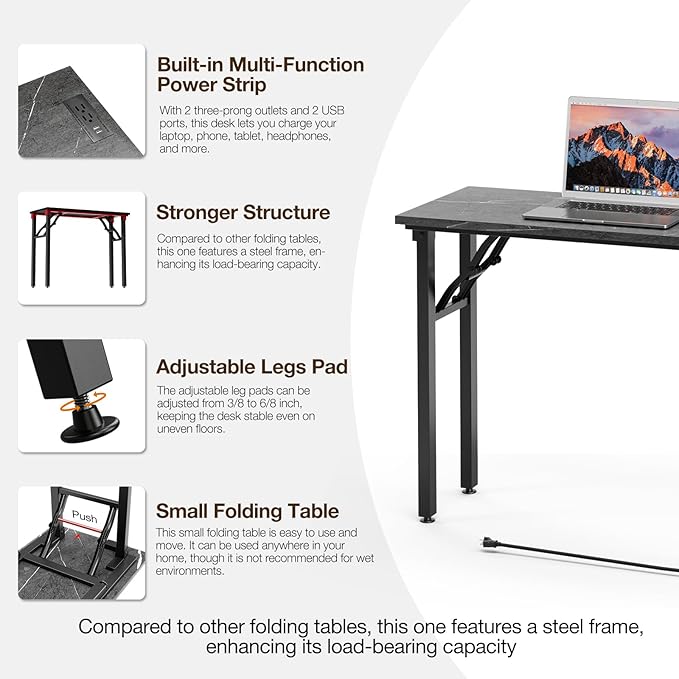 TEMI Small Computer Desk Folding Table - No Assembly, Compact 35.8" Foldable Desk with Power Outlets & USB Charging Port, Portable Small Office Desk, Ideal Mini Study Table, Marble Greige