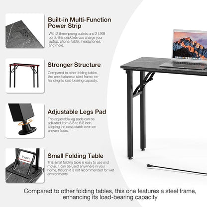 TEMI Small Computer Desk Folding Table - No Assembly, Compact 35.8" Foldable Desk with Power Outlets & USB Charging Port, Portable Small Office Desk, Ideal Mini Study Table, Marble Greige