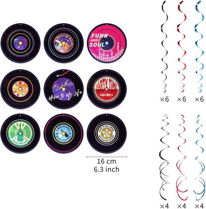 Rock and Roll Record Party Hanging Swirls, 48 Pcs, Music Theme Disco Party Decorations, Vinyl Record Design for 90s Or 50s Style Rock Music Dj Party Supplies, Black and Multicolor
