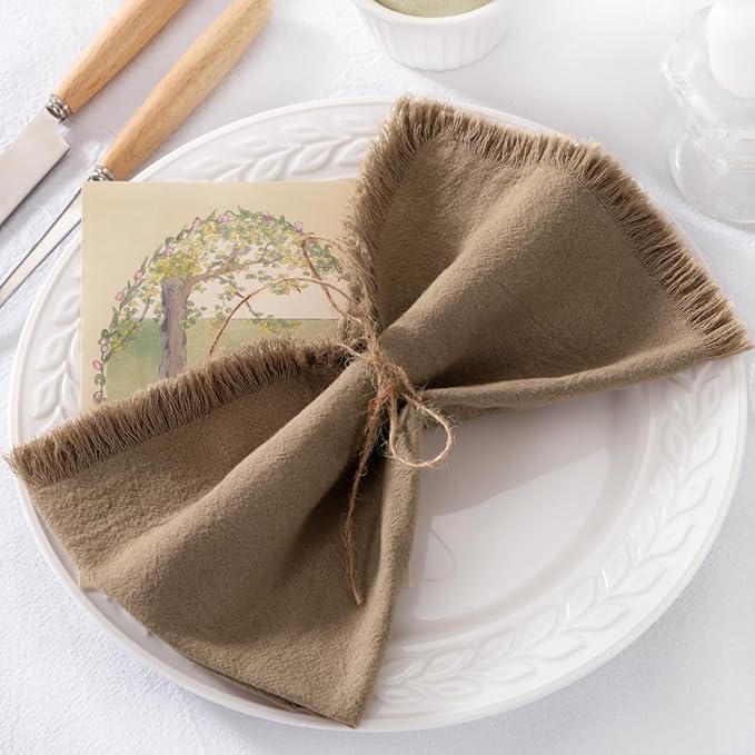 12 Pack Nude Cotton Linen Napkins with Fringe Christmas Cloth Napkins Set of 12 Boho Handmade Holiday Napkins Bulk for Wedding Baby Shower Xmas Dinner Table Parties, 17 x 17 Inches