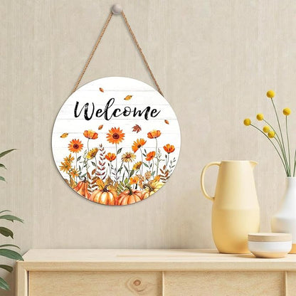 Fall Welcome Sign for Front Door Fall Floral Wooden Door Hanger 12x12 Inch Autumn Wreath for Outdoor Outside Porch Decor Farmhouse Flowers Welcome Hanging Sign for Home Wall Greeting Party