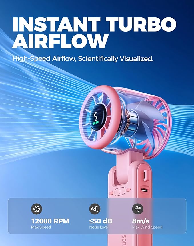 Diveblues Portable Handheld Turbo Fan, 5 Gear Wind, Battery Operated, Up to 12 Working Hours, 3 IN 1 Hand Fan with Air Turbo Tech Cooling Fan for Outdoor Activities, Travel, Working