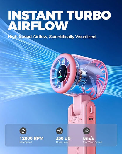 Diveblues Portable Handheld Turbo Fan, 5 Gear Wind, Battery Operated, Up to 12 Working Hours, 3 IN 1 Hand Fan with Air Turbo Tech Cooling Fan for Outdoor Activities, Travel, Working