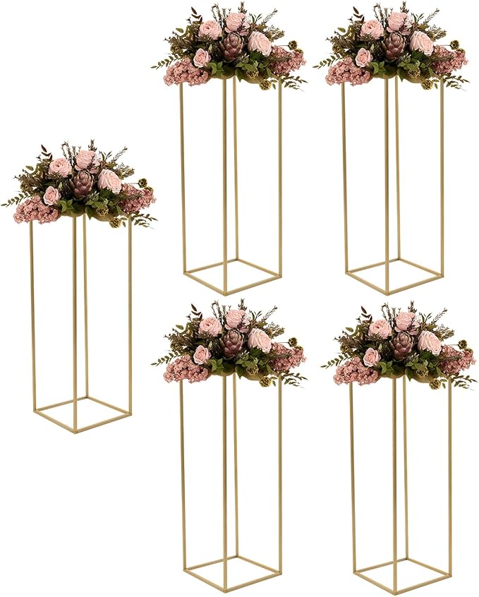 Gold Flower Stand, 5PCS Metal Column Geometric Flower Stand Floor Vase Tables Centerpieces Gold Tall Floral Display Rack Decorations Reception Floral Center Pieces for Wedding T-Stage Bar