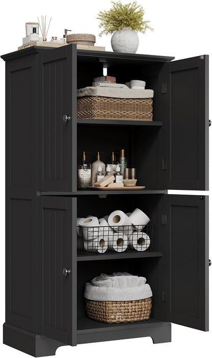 ChooChoo Bathroom Floor Cabinet, Modern Bathroom Storage Cabinet with 4 Doors and Adjustable Shelves, Freestanding Cupboard for Living Room, Kitchen Pantry, Black