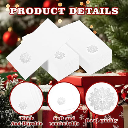 50 Pack Christmas Snowflake Paper Napkins - Cloth-like Christmas Disposable Hand Towels, Silver Premium Quality Xmas Dinner Napkin for Home Kitchen Table Bathroom Holiday Decor