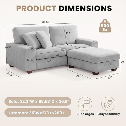 DOPEDIO L-Shaped Sectional Sofa with Storage Ottoman, Modern Chenille Recliner Loveseat, Removable Couch Covers, Pocket Spring Cushions, Solid Wood Frame, Easy to Install (88.58inch, Light Gray)