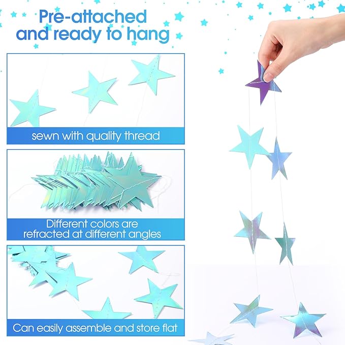 Patelai Glitter Star Garland Banner Christmas Decor 130 Feet Star Hanging Bunting Banner Twinkle Backdrop for Homecoming Classroom Wedding Birthday Halloween Party Supplies(Iridescent Blue)