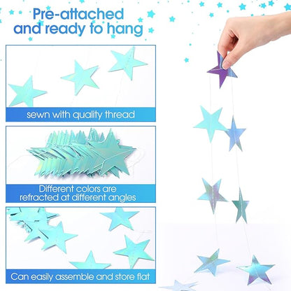Patelai Glitter Star Garland Banner Christmas Decor 130 Feet Star Hanging Bunting Banner Twinkle Backdrop for Homecoming Classroom Wedding Birthday Halloween Party Supplies(Iridescent Blue)