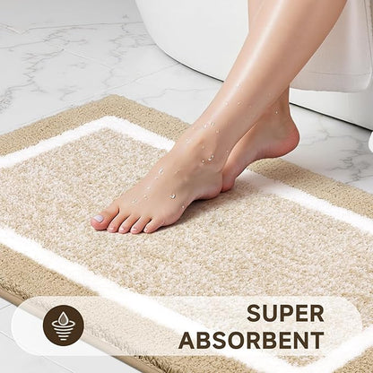 Pauwer 3 Pieces Bathroom Rugs Sets, Microfiber Shaggy Bath Mat Set, Ultra Soft Non-Slip Rug with U Shaped Toilet for Bathroom, Tub, Shower Washable Carpets Set,Beige