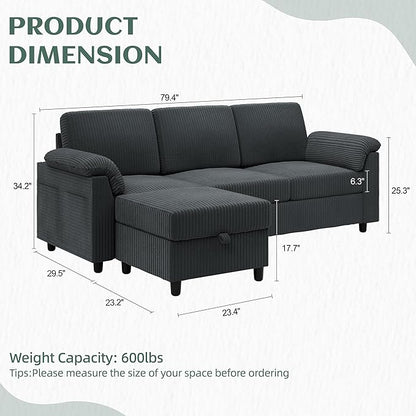 Vongrasig 79" Convertible Sectional Couches Sofa with Storage Ottoman, 3 Seat L Shaped Couch with Side Storage Pockage, Small Couches for Living Room, Apartment and Small Space, Grey
