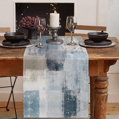 Emvency Farmhouse Table Runner, Vintage Blue and Grey Abstract Art Painting for Kitchen Coffee Table Family Dinners Holiday Parties Wedding Events Decor(13x60 inch)