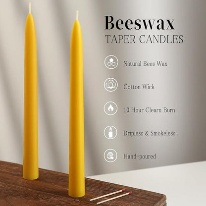 24 Packs Beeswax Taper Candles 9 Inch, All Natural Beeswax Candle Sticks - 10 Hour Burn Time - Smokeless & Dripless Taper Candles for Table Decor, Unscented Bee Wax Tapered Candle