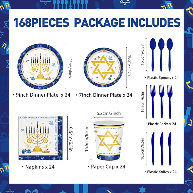 168pcs Hanukkah Party Supplies Include Plates Napkins Cups Forks for Hanukkah Deco Paper Disposable Party Tableware Set Serve 24 Guests