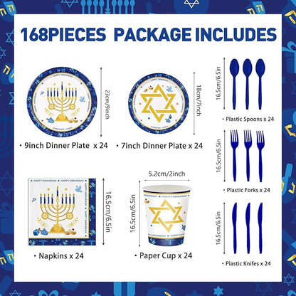168pcs Hanukkah Party Supplies Include Plates Napkins Cups Forks for Hanukkah Deco Paper Disposable Party Tableware Set Serve 24 Guests