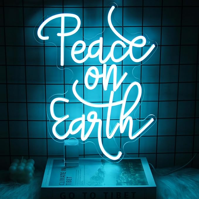 Peace on Earth Neon Sign Ice Blue Letter LED Neon Light Dimmable Neon Light Up Signs for Bedroom Man Cave Church Christmas Party Decor Blessing Gift