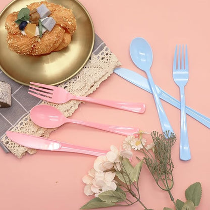 150 Pcs Pink and Blue Silverware Heavy Duty Pink and Blue Plastic Cutlery - 50 Plastic Forks, 50 Knives, 50 Spoons for Birthday, Baby Shower, Gender Reveal