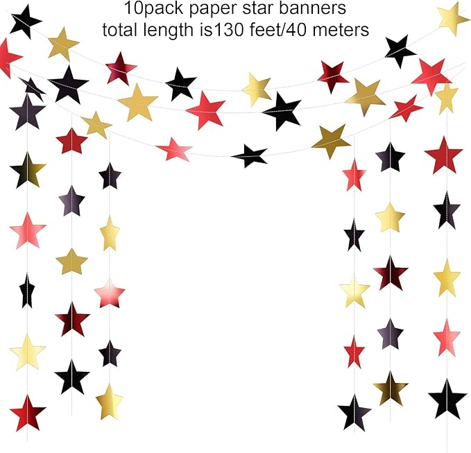 Patelai Glitter Star Garland Banner Christmas Decor 130 Feet Star Hanging Bunting Banner Twinkle Backdrop for Homecoming Classroom Wedding Birthday Halloween Party Supplies(Red, Black, Gold)