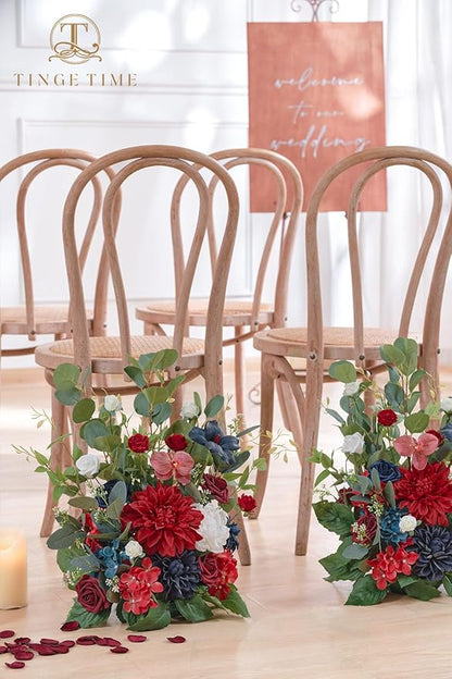 TINGE TIME Free-Standing Artificial Flower, Set of 2, Table Centerpiece with Rubber Pad, Silk Fake Flower for Wedding Centerpiece Archway Aisle Welcome Entrance (Red&NavyBlue)