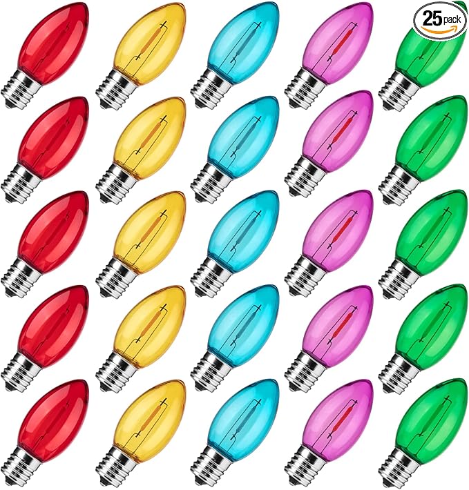 Brightown 25 Pack C9 LED Christmas Light Bulbs - Colored Shatterproof Replacement for String Lights, E17 Intermediate Base, Commercial Dimmable Holiday Multicolor Bulbs