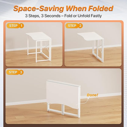 Huuger Folding Desk for Small Spaces, 31.5 Inch Foldable Computer Table, for Home Office, Study, Bedroom, Dorm, Space Saving, Small Writing Work Office Computer Desk, Easy to Fold, White
