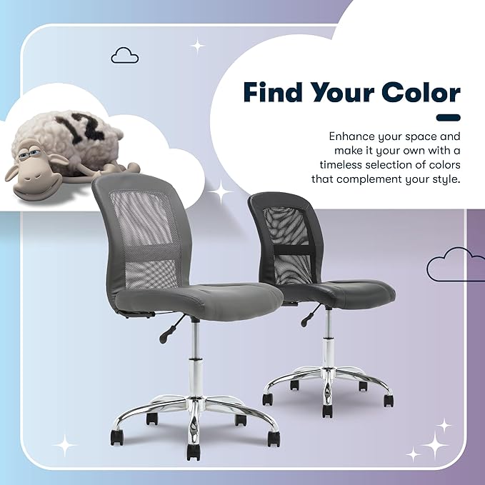 Serta Essential Armless TaskChair, Small Desk Chairs with Wheels, Breathable Mesh Back and Faux Leather, Quality Foam Cushion Seat for Comfort, Minimal Design for Vanity Table, Gray