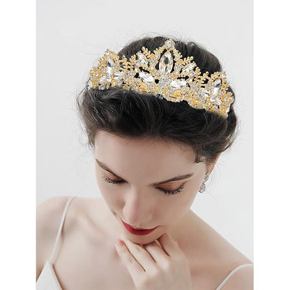 Gold Tiara and Crown for Women Crystal Headband with Comb Rhinestones Princess Hairpiece for Girls Wedding Hair Accessories for Party Bride Bridesmaids Bridal Prom Halloween Costume Cosplay