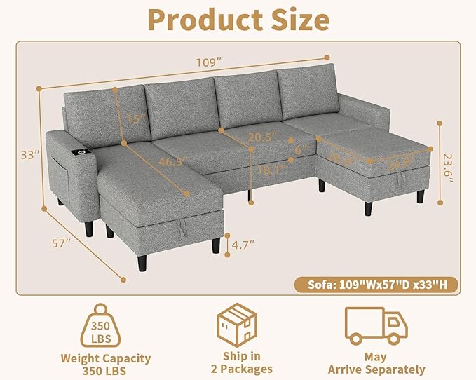 Smart Sectional Couches for Living Room, 6 Seat U/L Shaped Sectional Sofa with RGB Light/Charging, Modern Living Room Furniture for Apartments/Office/More (Light Gray)
