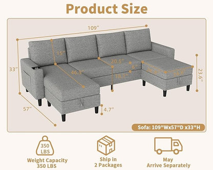 Smart Sectional Couches for Living Room, 6 Seat U/L Shaped Sectional Sofa with RGB Light/Charging, Modern Living Room Furniture for Apartments/Office/More (Light Gray)