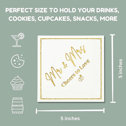 Mr and Mrs Wedding Napkins, Elegant Gold Foil White Paper Cocktail Napkin, Disposable Decorations for Weddings, Receptions, Bridal Showers, Bar, 50 Pack