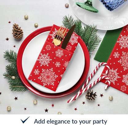 PAW - Christmas Linen Feel Napkins with Built-in Flatware Pocket, Red Absorbent Pre-Folded Dinner Napkins with Snowlakes, Guest Towels for Xmas Dinner, Winter Holiday, Decorative Towel, 50 Count