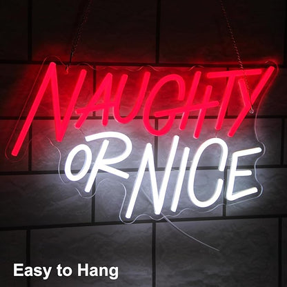 Naughty or Nice Neon Sign Christmas Room Decoration Red White Letters Neon Light Dimmable Words LED Signs for Wall Bedroom Living Room Bar Party Decor Xmas Gifts 15.7 x 11.4 inches