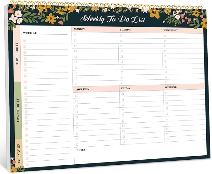 Taja Weekly To Do List Notepad with 52 Undated Sheets（8.5"×11"）- Weekly Desk Planner for Women & Man, Work and Home - 1 Pack Rustic Floral