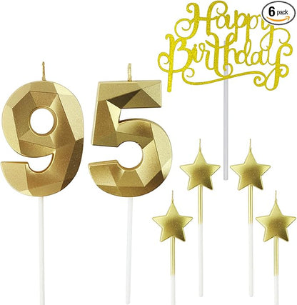 Golden Number 95 Birthday Candles and Star Birthday Candles 2.76 inch 3D Diamond Shaped Candles for Birthday Parties and Anniversary Cake Decorations