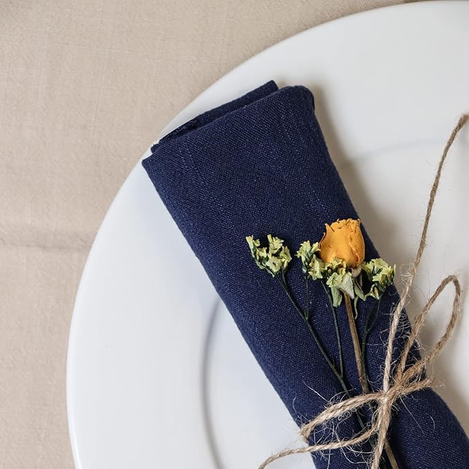 Handmade Cloth Napkins with Fringe,18 x 18 Inches Cotton Linen Napkins Set of 6 Versatile Handmade Square Rustic Fringe Napkins for Dinner, Wedding and Parties, Navy Blue