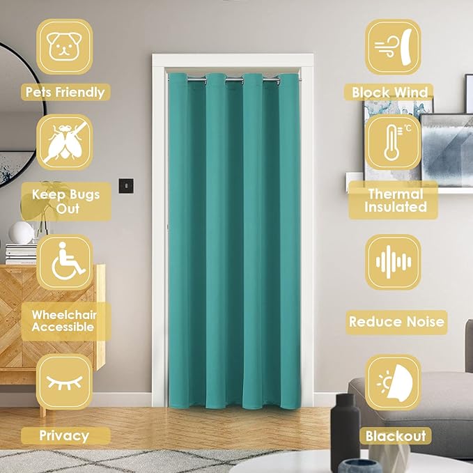 ChrisDowa Blackout Door Curtains for Doorway Privacy, Grommet Closet Curtains for Bedroom Closet Door, Thermal Insulated Temporary Doorway Cover Room Divider Drapes (1 Panel, Teal, 34 x 80 Inch)